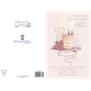 Back of granddaughter birthday card showing cake, flowers and hearts design – Little Monkey Gifts