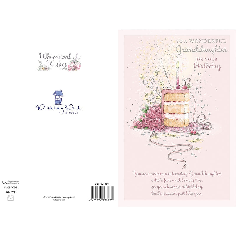 Back of granddaughter birthday card showing cake, flowers and hearts design – Little Monkey Gifts