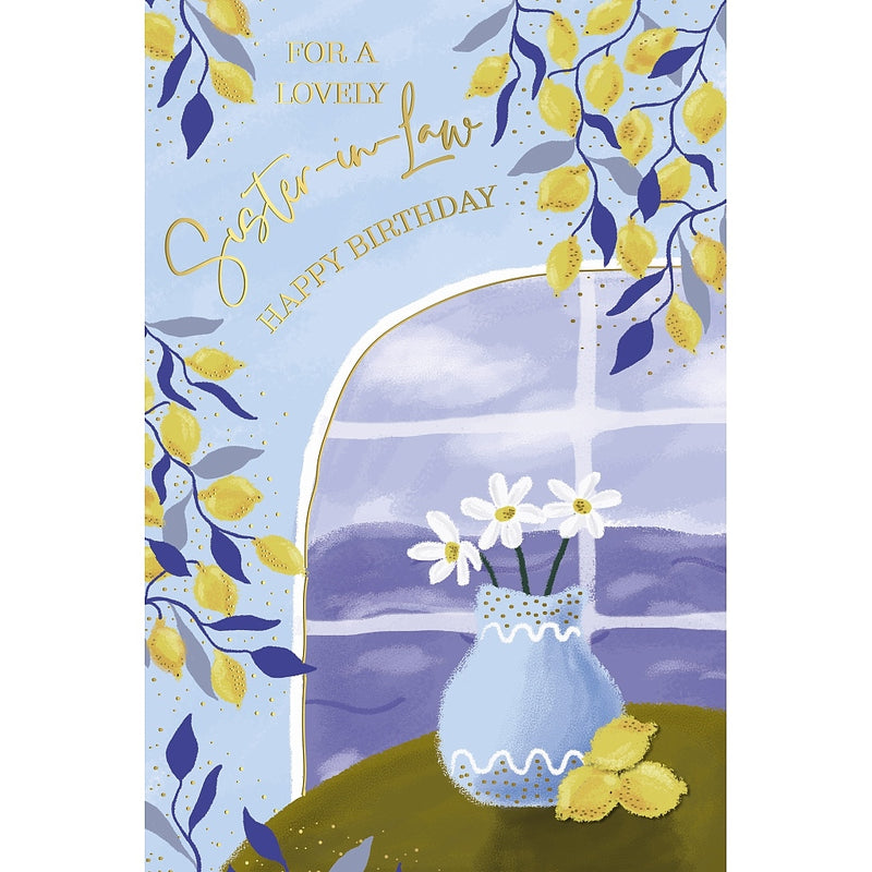 Sister in law birthday card with lemon and daisy window design, 6x9 inches – Little Monkey Gifts