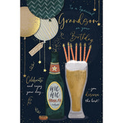 Grandson birthday card with balloons, beer bottle and pint with candles design, 6x9 inches – Little Monkey Gifts