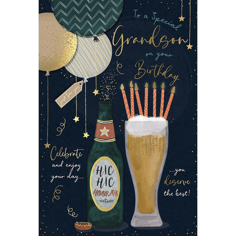 Grandson birthday card with balloons, beer bottle and pint with candles design, 6x9 inches – Little Monkey Gifts