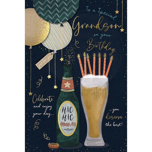 Grandson birthday card with balloons, beer bottle and pint with candles design, 6x9 inches – Little Monkey Gifts