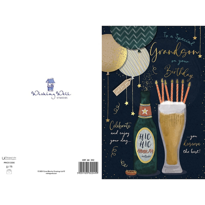 Back of grandson birthday card showing beer bottle, balloons and candles – Little Monkey Gifts