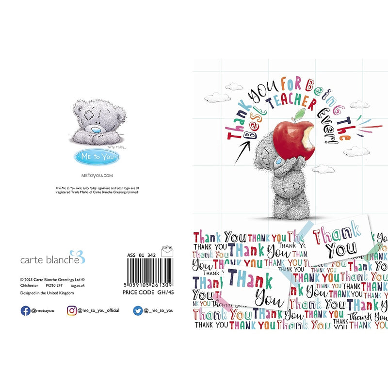 Thank You Teacher card featuring Tatty Teddy holding an apple" Front and back