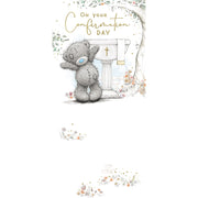 Confirmation card featuring Tatty Teddy standing by a font, 4x8 inches – Little Monkey Gifts