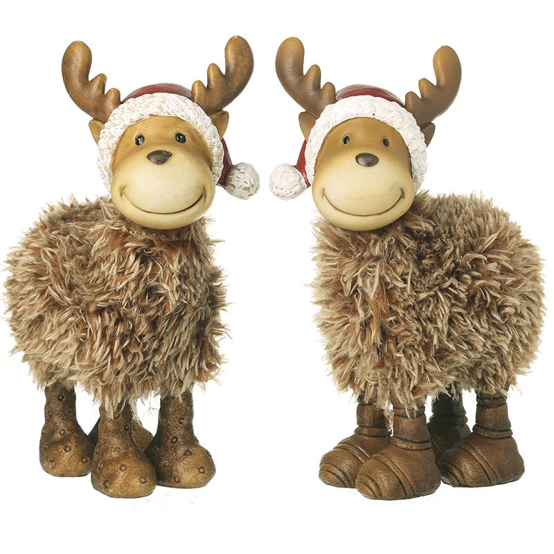 Smiling moose Christmas ornament pair facing left and right, fluffy body with Santa hat and antlers, white background
