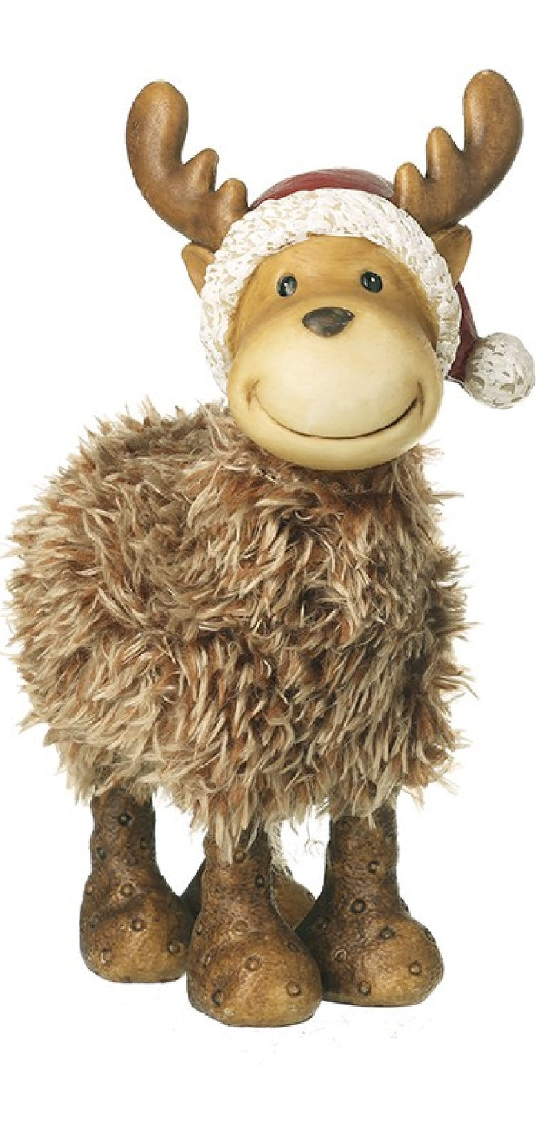 Single front-facing: Smiling moose Christmas ornament with fluffy body, Santa hat and antlers, white background