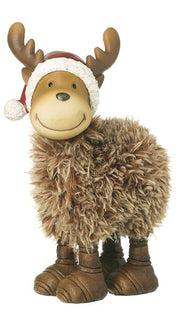 Single front-facing: Smiling moose Christmas ornament with fluffy body, Santa hat and antlers, white background