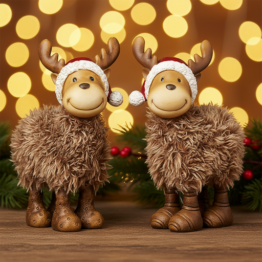 Two standing fluffy moose decorations with Santa hats, antlers and chunky hooves, styled against warm golden bokeh fairy lights