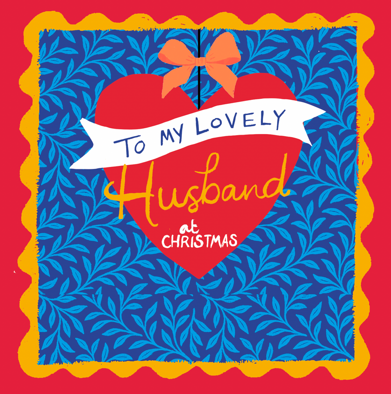 Christmas card for a husband featuring a large heart crossed by a greeting banner, with a bow and leafy patterned border