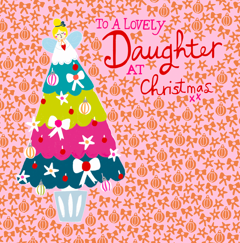 Christmas card for a lovely daughter showing a decorated Christmas tree topped with a fairy, with ornament, bow and star details.