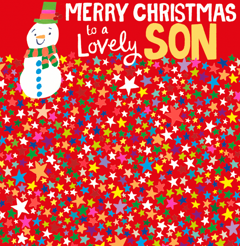 Christmas card for a lovely son showing a snowman in a hat and scarf above a star-filled design, with festive greeting lettering.