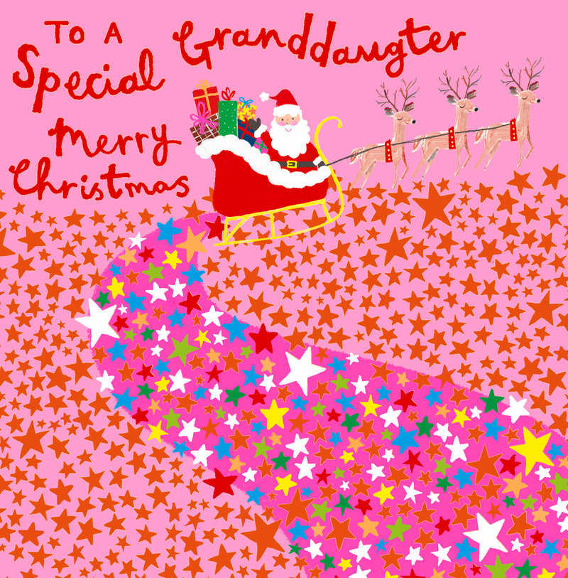 Christmas card for a special granddaughter showing Santa in his sleigh pulled by three reindeer above a star-filled design.