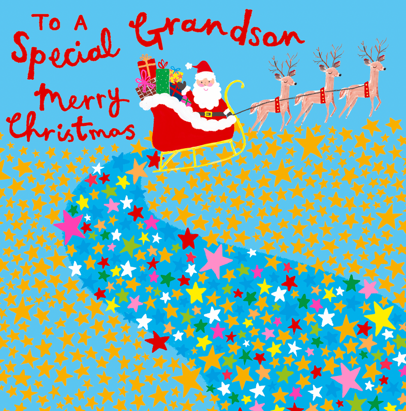 Christmas card for a special grandson showing Santa in his sleigh pulled by three reindeer above a starry design