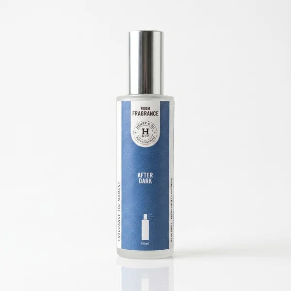 Henry & Co After Dark room fragrance spray 100ml in a glass bottle with silver cap on a white background