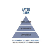 Henry & Co After Dark fragrance pyramid showing bergamot mandarin and lavender notes with bold seductive masculine feel on a white background