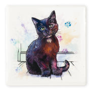 Black Cat Ceramistone coaster with raised tube-lined artwork, designed by a British artist, 10x10cm