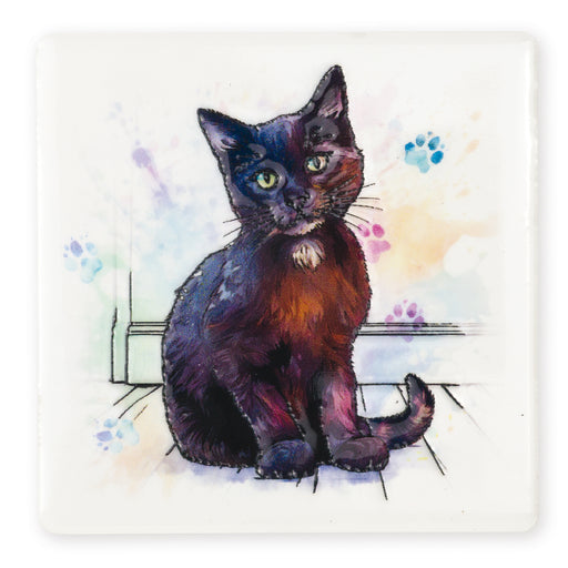 Black Cat Ceramistone coaster with raised tube-lined artwork, designed by a British artist, 10x10cm