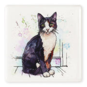 Black and white cat Ceramistone coaster with raised tube-lined artwork, designed by a British artist, 10x10cm