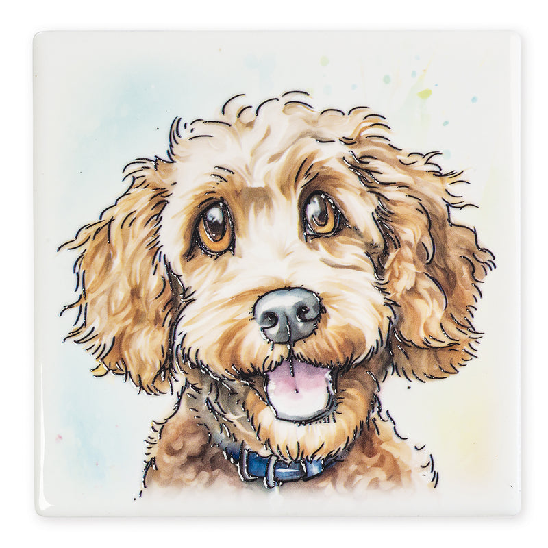 Poodle Cross Ceramistone coaster with raised tube-lined artwork, designed by a British artist, 10x10cm