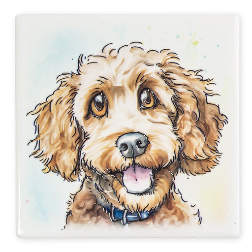 Poodle Cross Ceramistone coaster with raised tube-lined artwork, designed by a British artist, 10x10cm