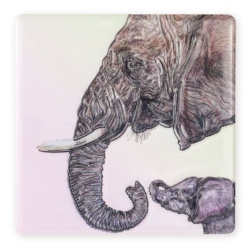 Elephant and baby Ceramistone coaster with raised tube-lined wildlife artwork by Worcestershire artist Keith Thompson, 10x10cm

