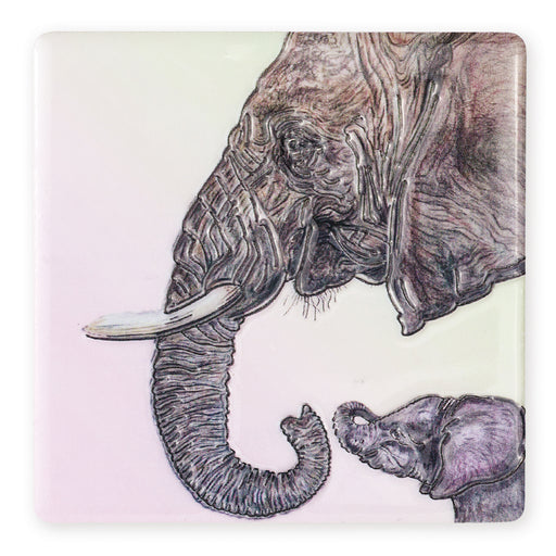 Elephant and baby Ceramistone coaster with raised tube-lined wildlife artwork by Worcestershire artist Keith Thompson, 10x10cm

