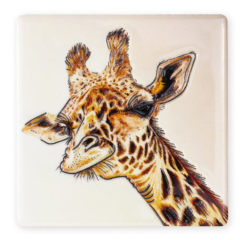Giraffe Ceramistone coaster with raised tube-lined wildlife artwork by Worcestershire artist Keith Thompson, 10x10cm