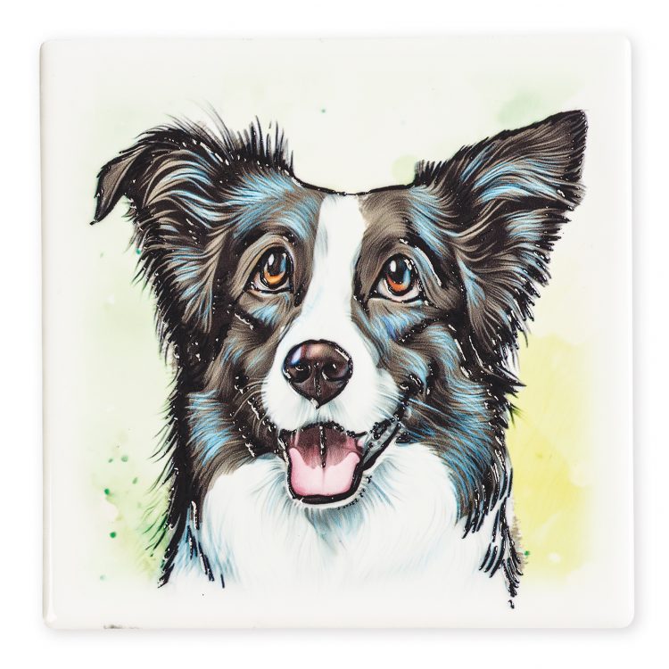 Border Collie Ceramistone coaster with raised tube-lined artwork, designed by a British artist, 10x10cm