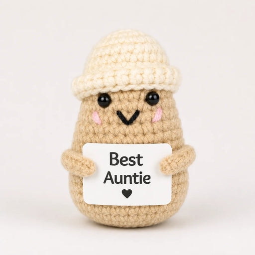 Best Auntie Positive Crochet Gift character wearing a cream beanie hat holding a Best Auntie sign, presented on a white background