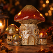 Toadstool tea light holder glowing with warm candlelight on a wooden surface with soft bokeh background