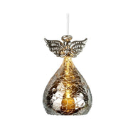 A silver glass light up angel hanging ornament with detailed silver wings and halo, and a glowing teardrop-shaped glass body emitting a warm soft light, on a white background