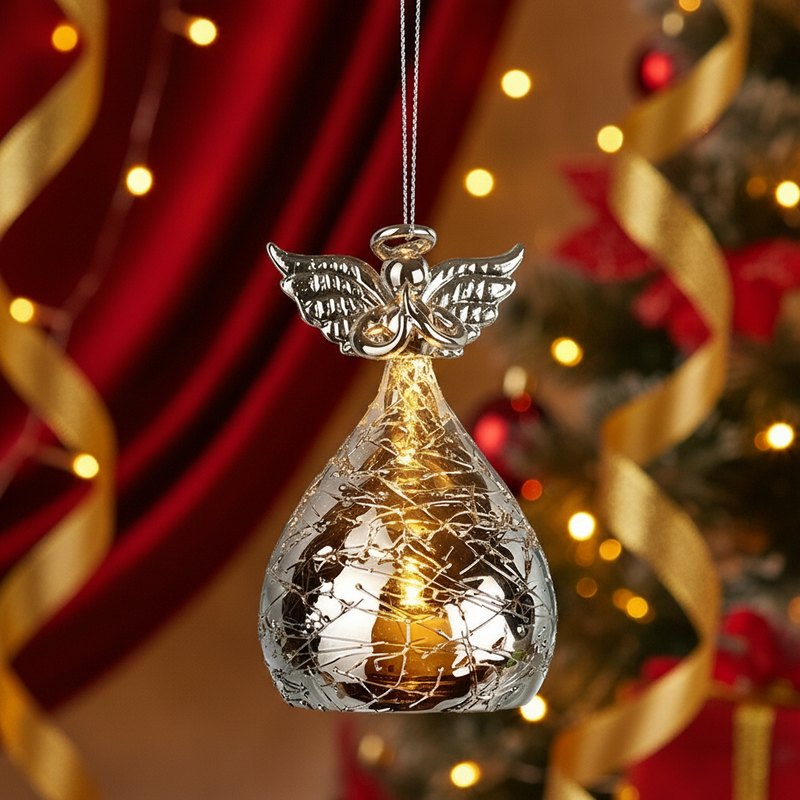 A silver glass light up angel hanging ornament with detailed silver wings and halo, a glowing teardrop-shaped glass body emitting a warm soft light, displayed against a warm cosy Christmas background with soft bokeh lights and rich festive tones