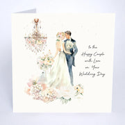 To the Happy Couple with Love wedding card by Five Dollar Shake, full card view with watercolour bride and groom, chandelier and floral detail