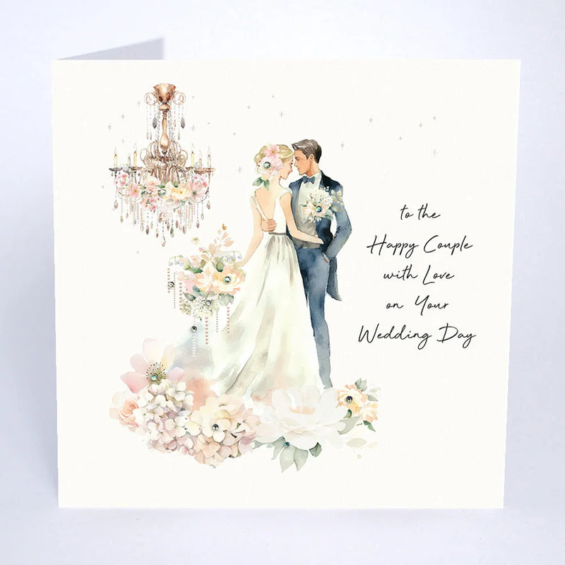 To the Happy Couple with Love wedding card by Five Dollar Shake, full card view with watercolour bride and groom, chandelier and floral detail