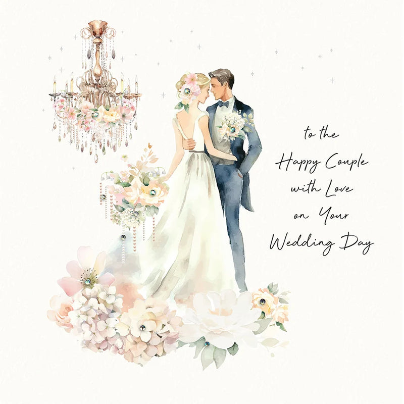 Wedding card by Five Dollar Shake, watercolour couple gazing at each other with ornate chandelier, soft blossoms and crystal embellishments on cream background