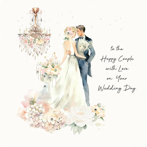 Wedding card by Five Dollar Shake, watercolour couple gazing at each other with ornate chandelier, soft blossoms and crystal embellishments on cream background