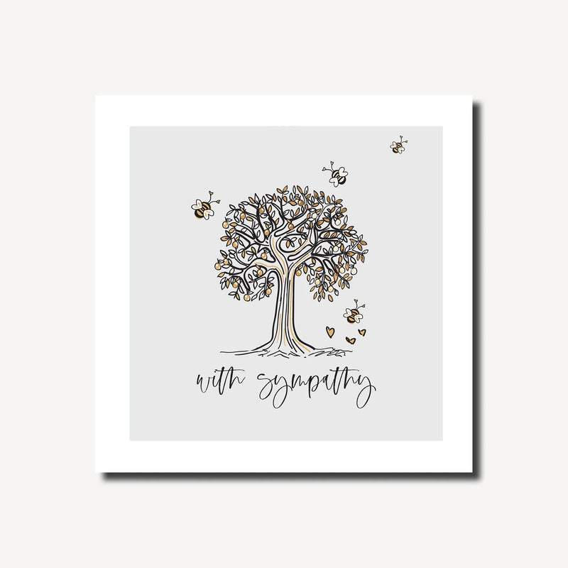 Sympathy card featuring a hand-drawn tree with rose gold foil detailing, tiny bees and small gold hearts on a soft grey background, blank inside, square format 155 x 155mm