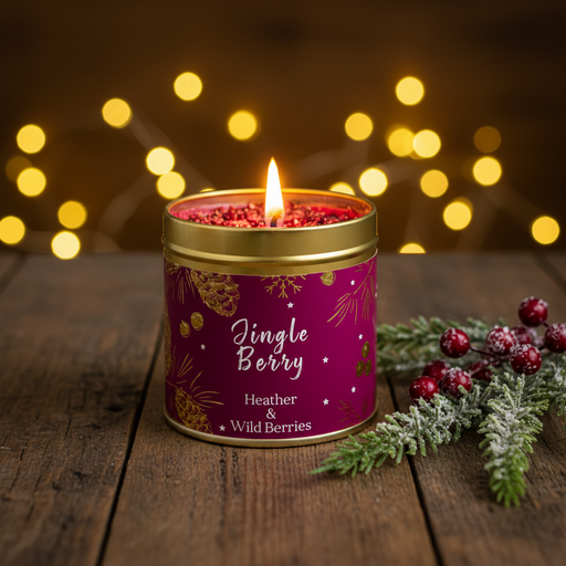 Jingle Berry Christmas candle tin lit with a warm glowing flame, styled on a rustic wooden surface with golden bokeh fairy lights and frosted berry sprigs in a cosy festive setting