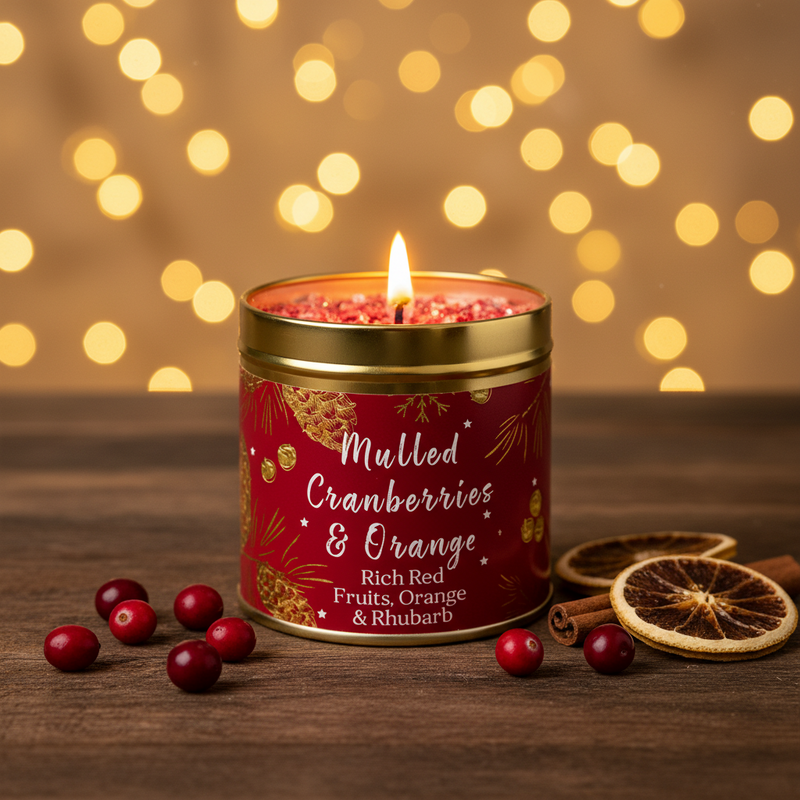 Mulled Cranberries & Orange Christmas candle tin lit with a warm glowing flame, styled on a rustic wooden surface with golden bokeh fairy lights and cranberries and orange slices in a cosy festive setting