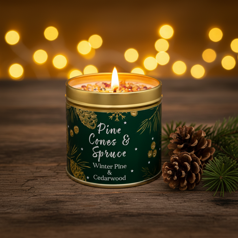 Pine Cones & Spruce Christmas candle tin lit with a warm glowing flame, styled on a rustic wooden surface with golden bokeh fairy lights and evergreen sprigs in a cosy festive setting