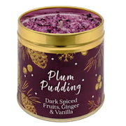 Festive Christmas candle tin with sparkly topping, pine cone and botanical design, labelled Plum Pudding with Dark Spiced Fruits, Ginger & Vanilla