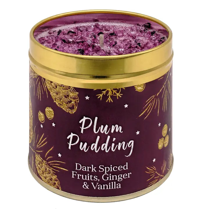 Festive Christmas candle tin with sparkly topping, pine cone and botanical design, labelled Plum Pudding with Dark Spiced Fruits, Ginger & Vanilla