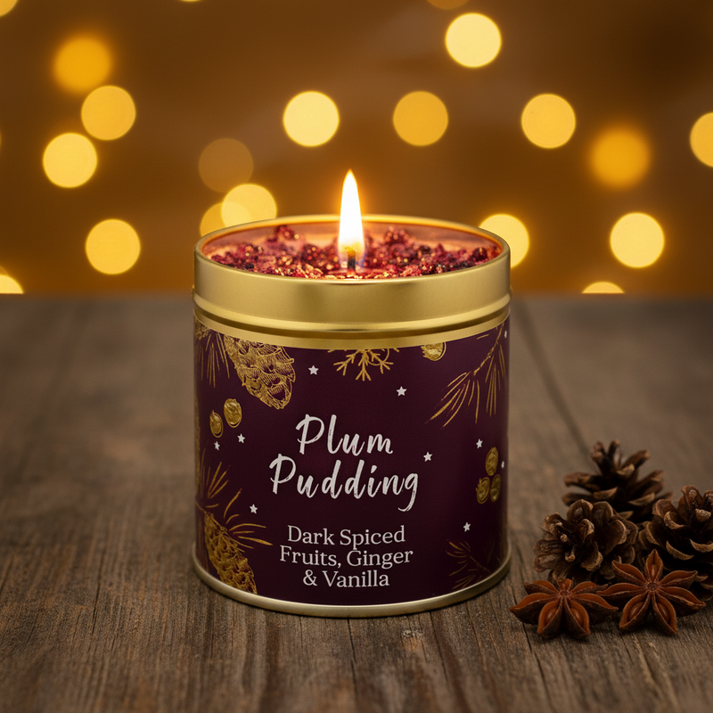 Plum Pudding Christmas candle tin lit with a warm glowing flame, styled on a rustic wooden surface with golden bokeh fairy lights in a cosy festive setting