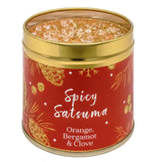 Festive Christmas candle tin with sparkly topping, pine cone and botanical design, labelled Spicy Satsuma with Orange, Bergamot & Clove