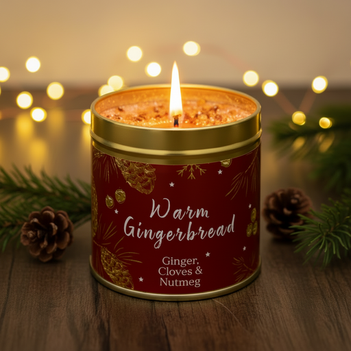 Warm Gingerbread Christmas candle tin lit with a warm glowing flame, styled on a rustic wooden surface with golden bokeh fairy lights in a cosy festive setting