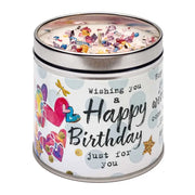 White candle tin with colourful sparkly topping and "Wishing you a Happy Birthday just for you" design with colourful hearts, dragonfly and gold stars