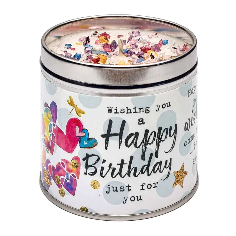 White candle tin with colourful sparkly topping and "Wishing you a Happy Birthday just for you" design with colourful hearts, dragonfly and gold stars