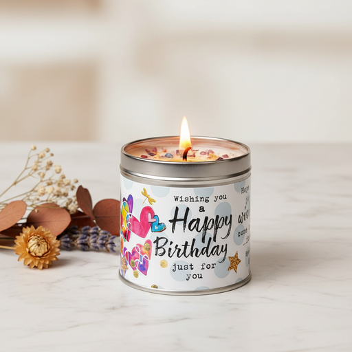 Happy Birthday candle tin lit with a warm glowing flame, styled on a light marble surface with soft neutral background and dried botanicals alongside