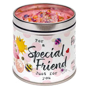 White candle tin with colourful sparkly topping and "For a Special Friend — Just for you" design with sunshine and bumblebee detail
